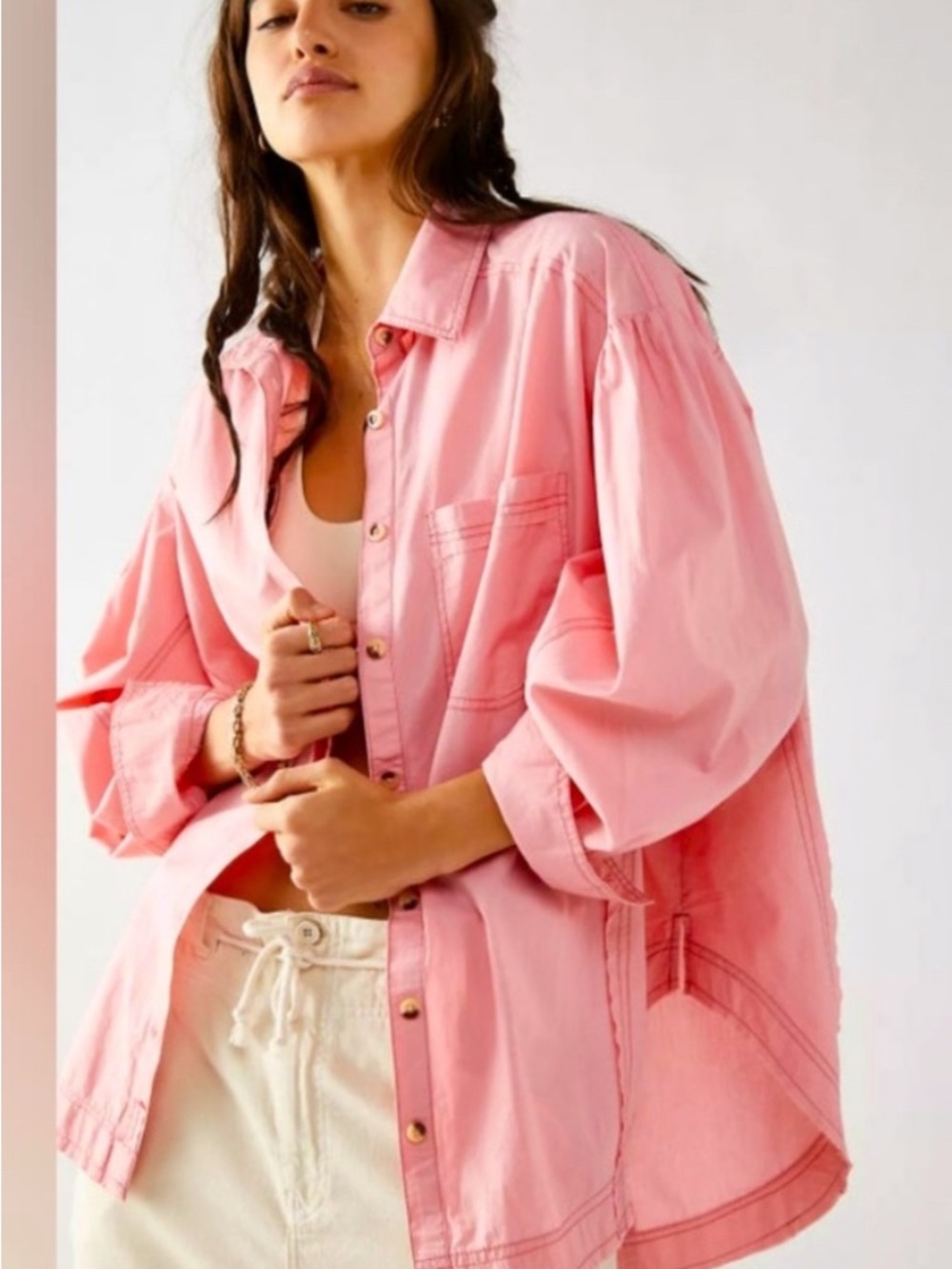 Free People We the Free Happy Hour Oversized Button Down Shirt Top sz M